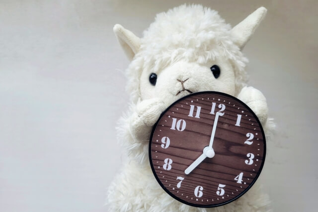 時計をもった羊の写真